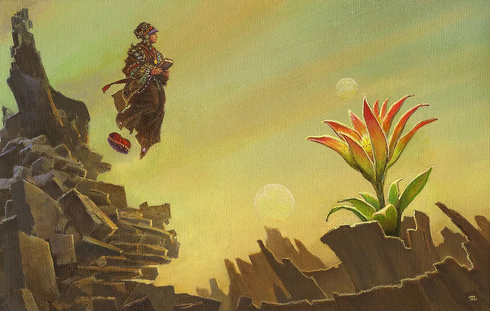 A painting of a woman in ornate robes floating above a rocky landscape. A flower blooms opposite her as the looks into the distance.
